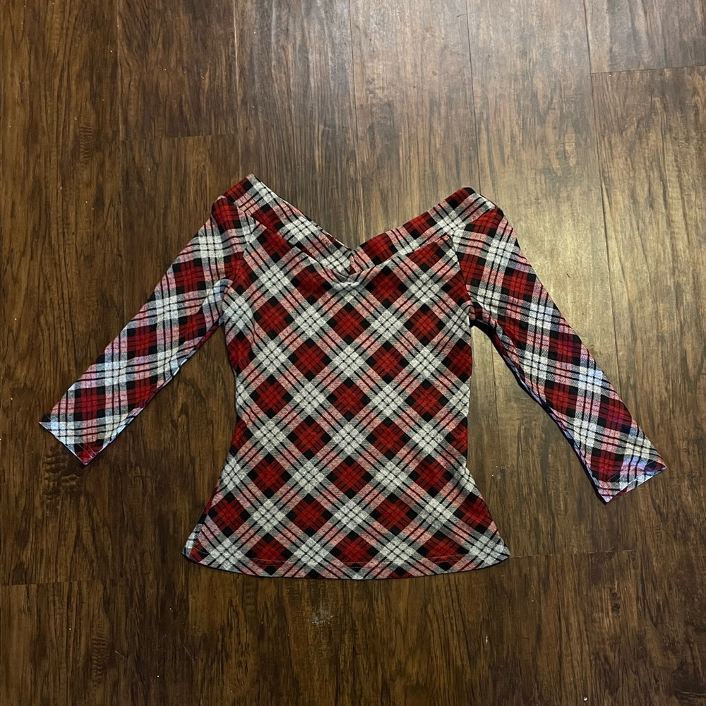 Unique Vintage Red and Black Plaid Off-Shoulder Blouse